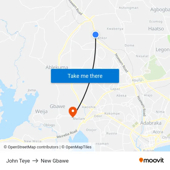 John Teye to New Gbawe map