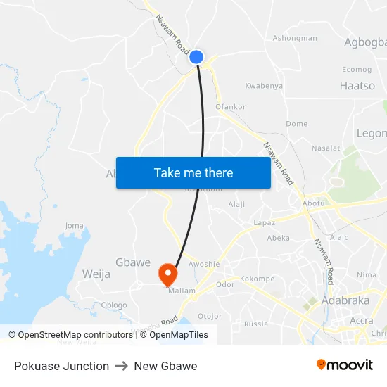 Pokuase Junction to New Gbawe map
