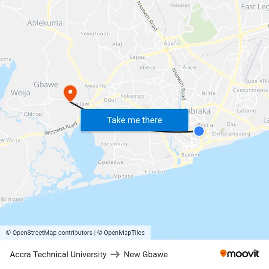 Accra Technical University to New Gbawe map