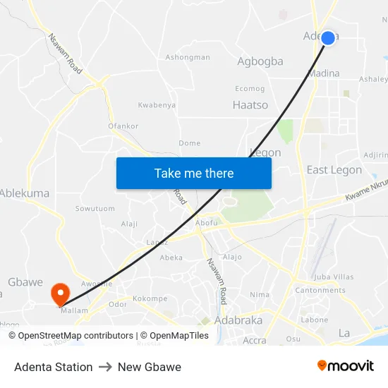 Adenta Station to New Gbawe map
