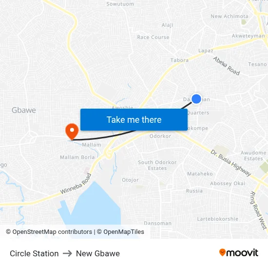 Circle Station to New Gbawe map