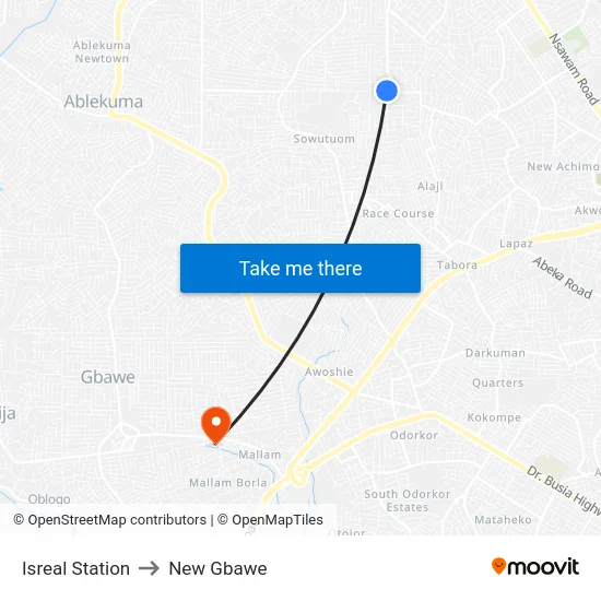 Isreal Station to New Gbawe map