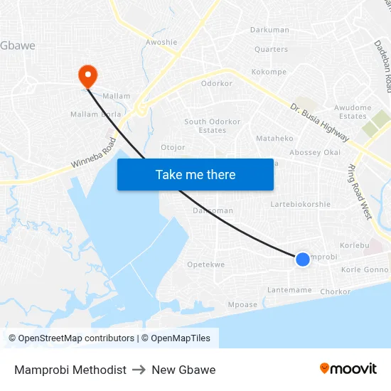Mamprobi Methodist to New Gbawe map