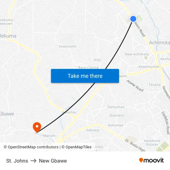 St. Johns to New Gbawe map