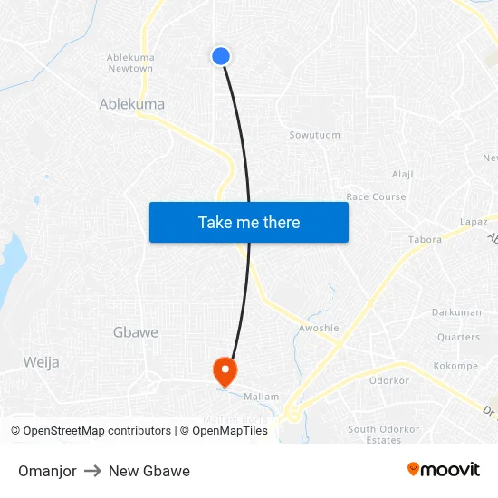 Omanjor to New Gbawe map