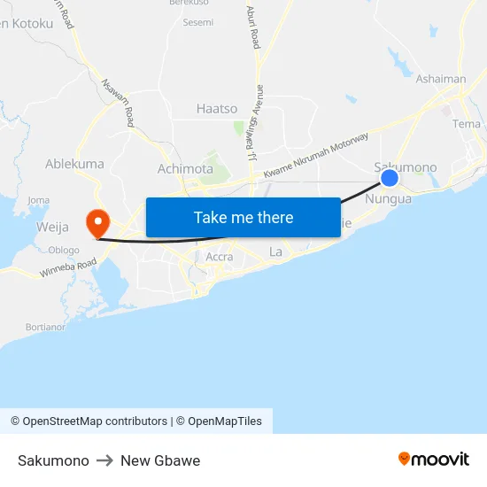 Sakumono to New Gbawe map