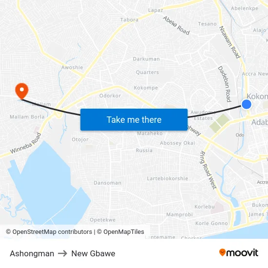 Ashongman to New Gbawe map
