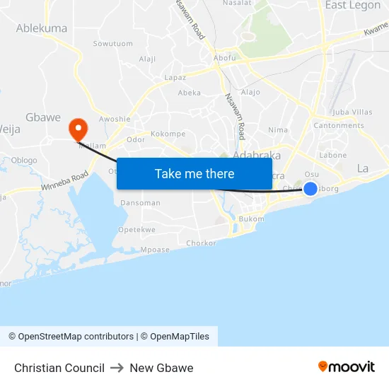 Christian Council to New Gbawe map