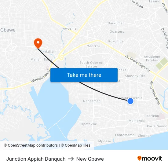 Junction Appiah Danquah to New Gbawe map