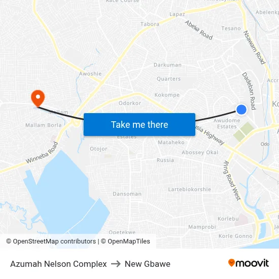Azumah Nelson Complex to New Gbawe map