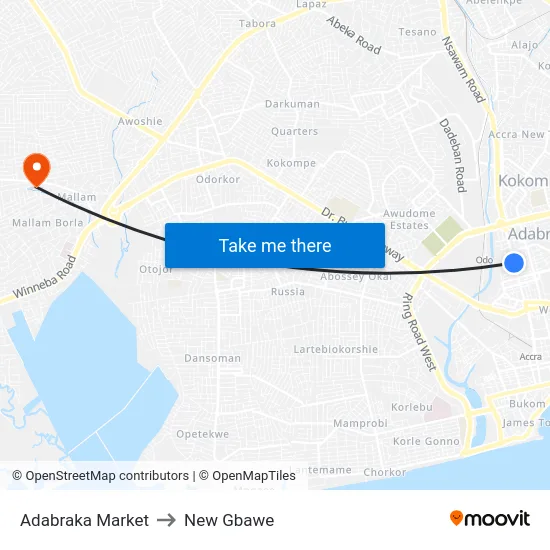 Adabraka Market to New Gbawe map