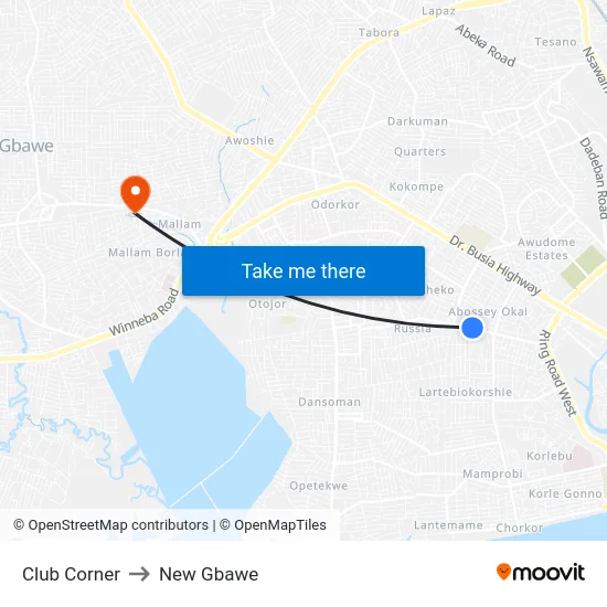 Club Corner to New Gbawe map