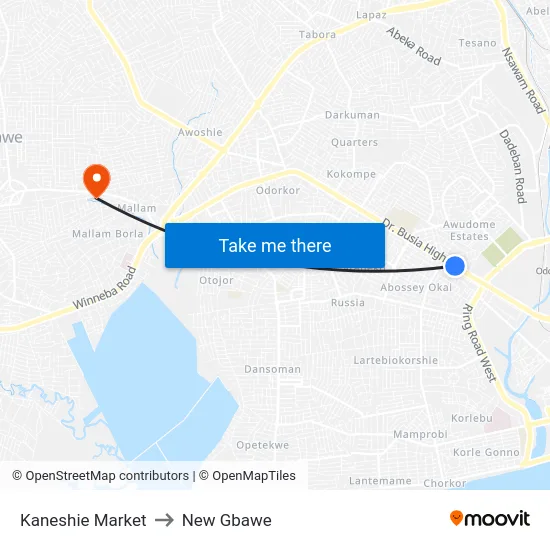 Kaneshie Market to New Gbawe map