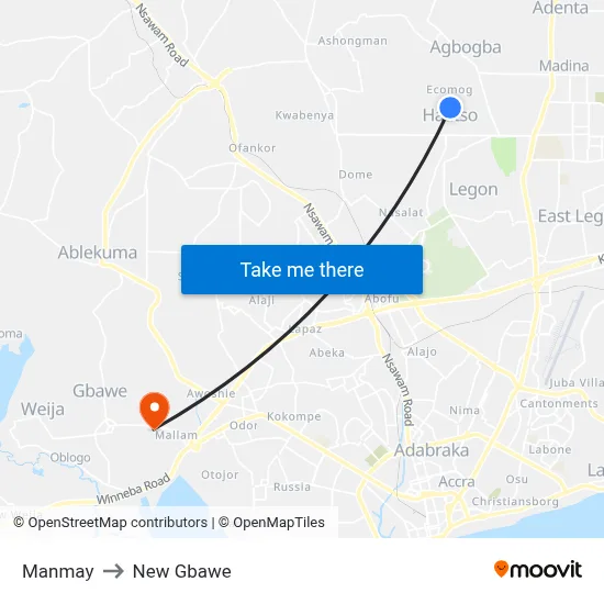 Manmay to New Gbawe map