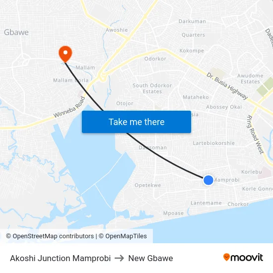 Akoshi Junction Mamprobi to New Gbawe map