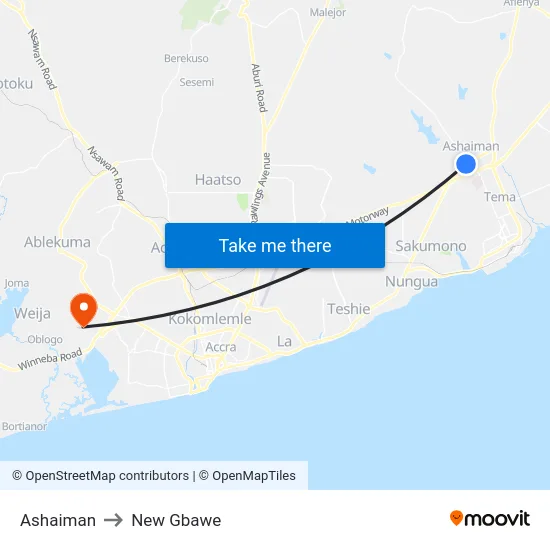 Ashaiman to New Gbawe map
