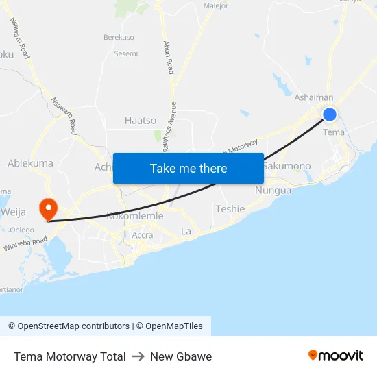 Tema Motorway Total to New Gbawe map