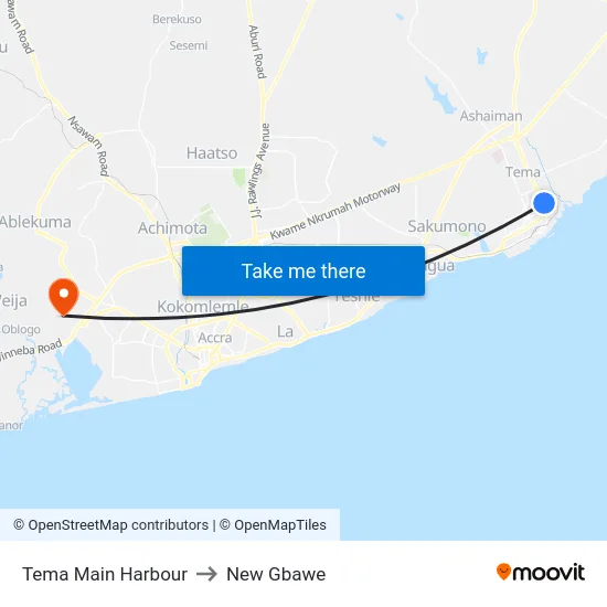 Tema Main Harbour to New Gbawe map