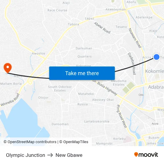 Olympic Junction to New Gbawe map