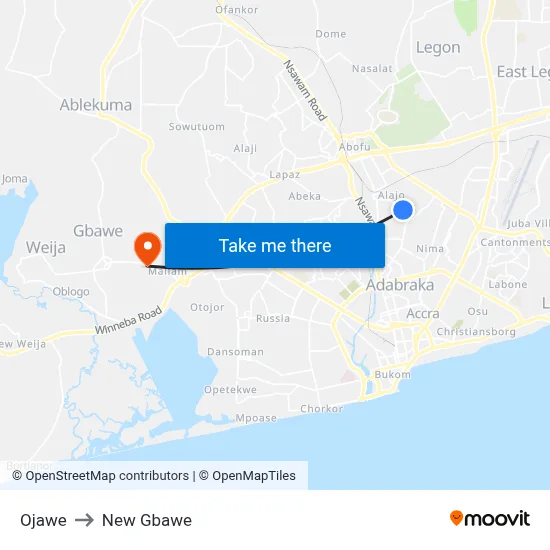 Ojawe to New Gbawe map