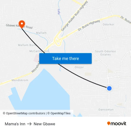 Mama's Inn to New Gbawe map