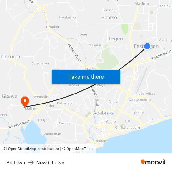 Beduwa to New Gbawe map