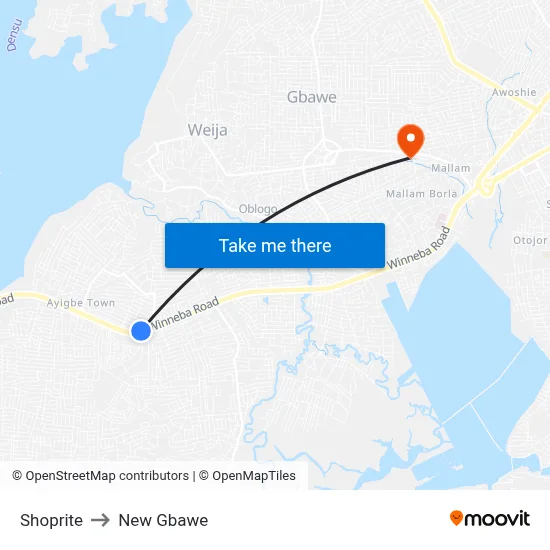 Shoprite to New Gbawe map