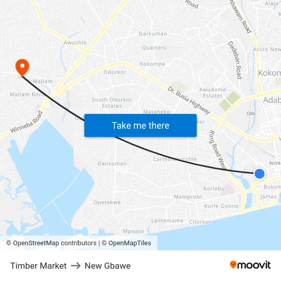 Timber Market to New Gbawe map