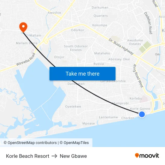 Korle Beach Resort to New Gbawe map