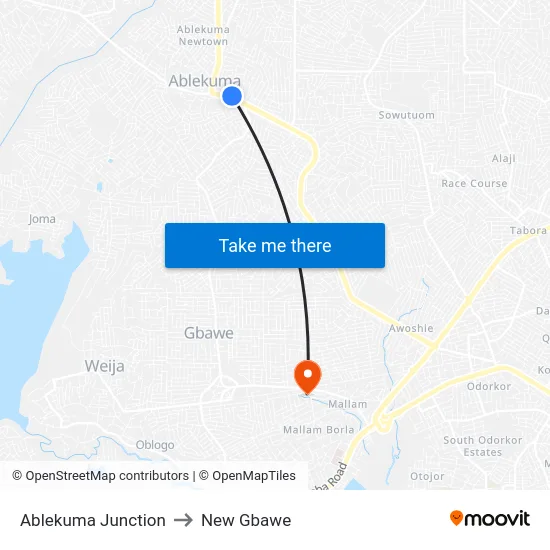 Ablekuma Junction to New Gbawe map
