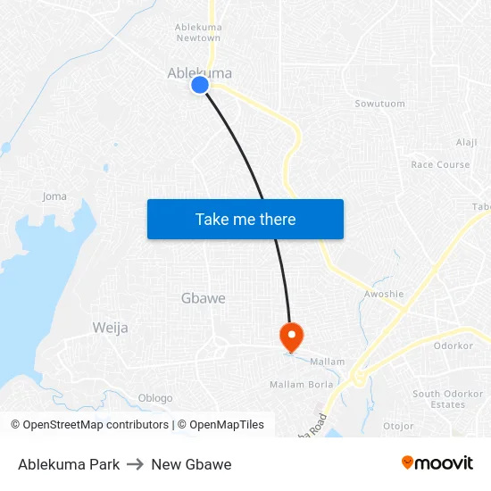 Ablekuma Park to New Gbawe map