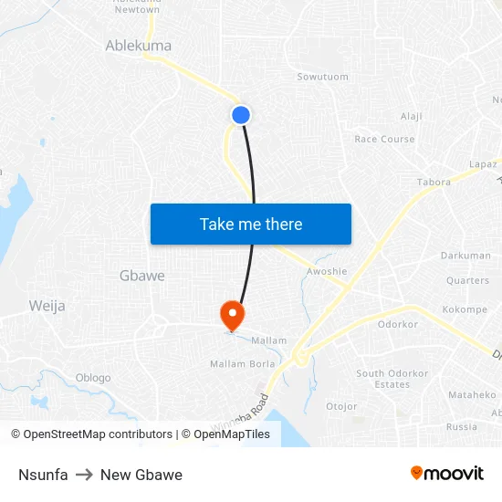 Nsunfa to New Gbawe map