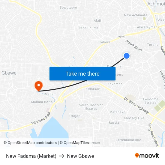 New Fadama (Market) to New Gbawe map