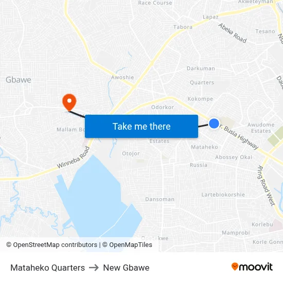 Mataheko Quarters to New Gbawe map