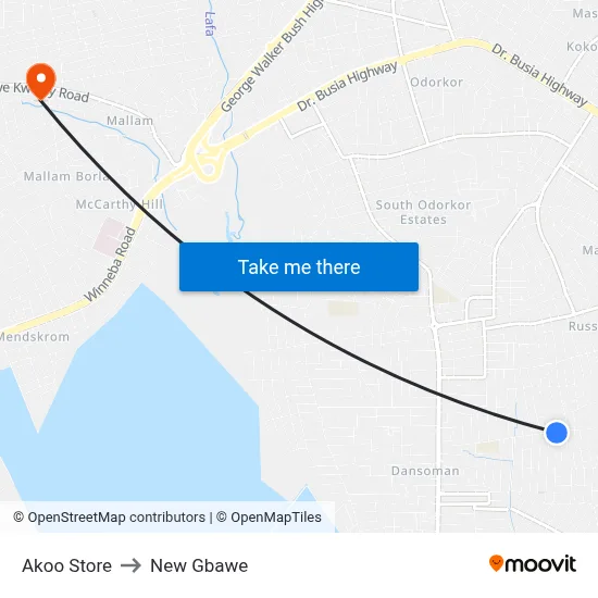 Akoo Store to New Gbawe map