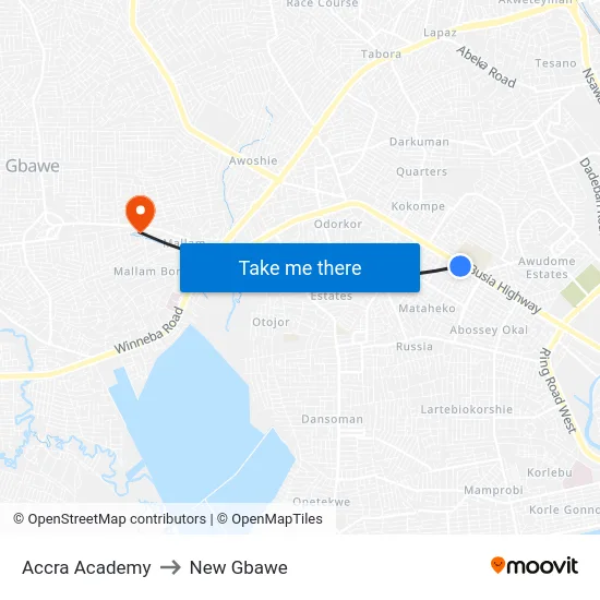 Accra Academy to New Gbawe map