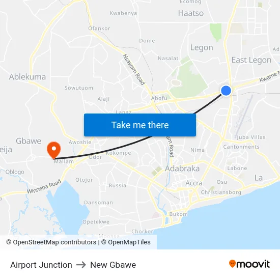 Airport Junction to New Gbawe map