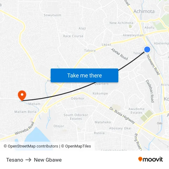 Tesano to New Gbawe map