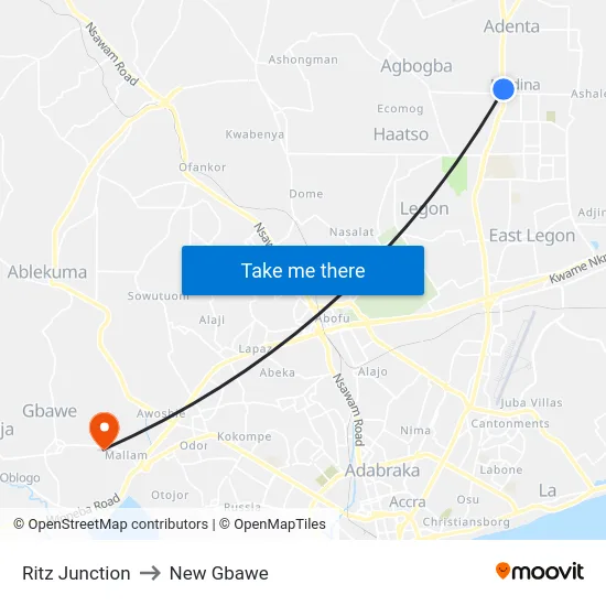 Ritz Junction to New Gbawe map