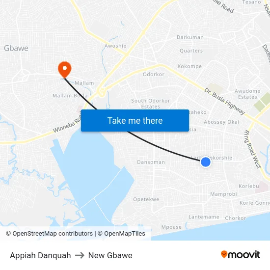 Appiah Danquah to New Gbawe map