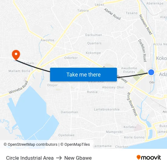 Circle Industrial Area to New Gbawe map
