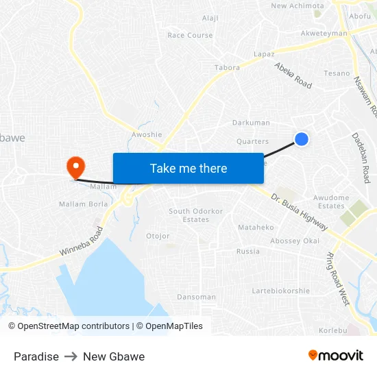 Paradise to New Gbawe map