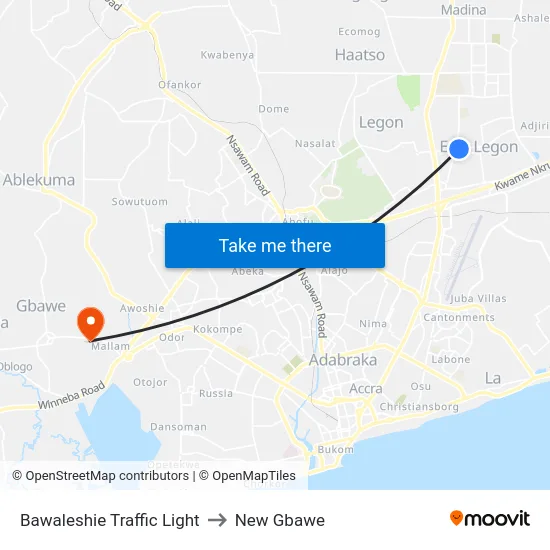 Bawaleshie Traffic Light to New Gbawe map