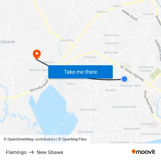 Flamingo to New Gbawe map