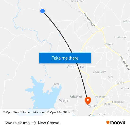 Kwashiekuma to New Gbawe map