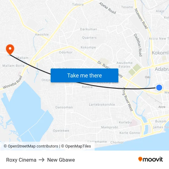 Roxy Cinema to New Gbawe map