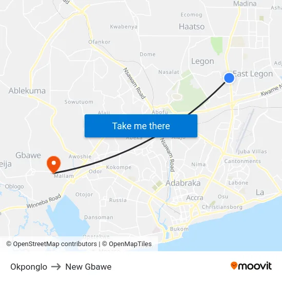 Okponglo to New Gbawe map