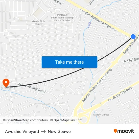 Awoshie Vineyard to New Gbawe map