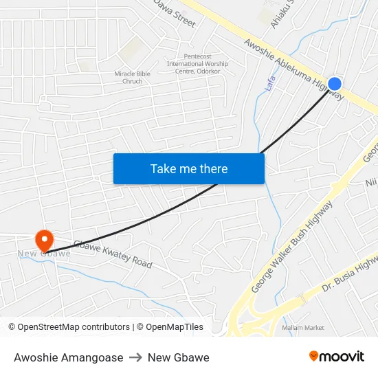 Awoshie Amangoase to New Gbawe map