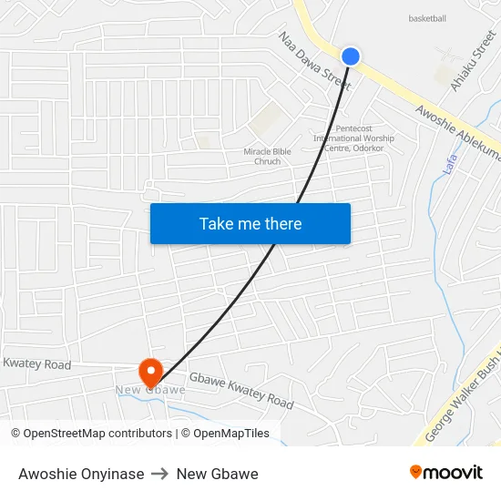 Awoshie Onyinase to New Gbawe map